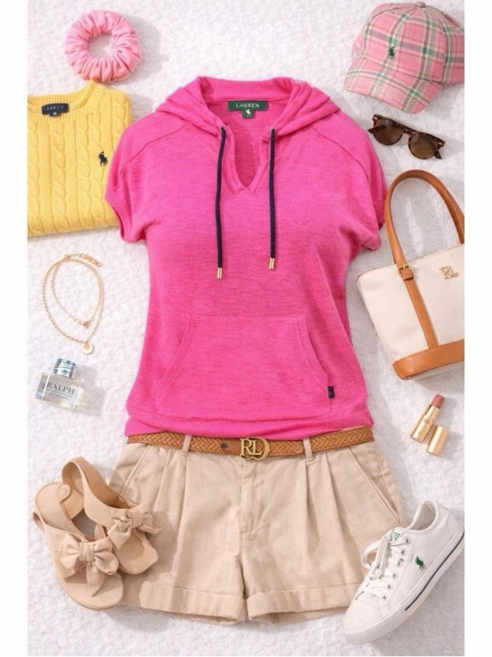 Lauren Ralph Lauren Bright Pink Short-Sleeve Knit Top with Navy Drawcords